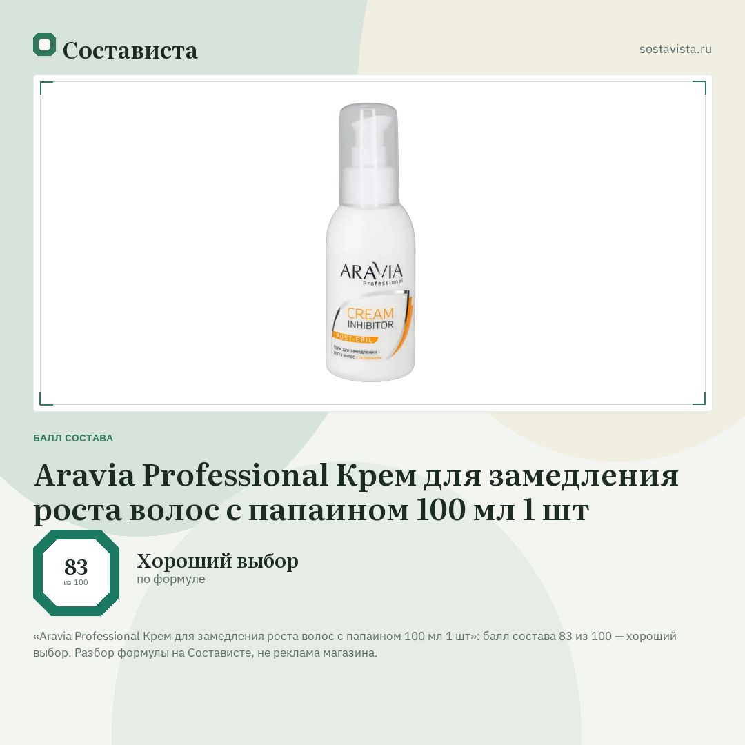 Aravia Professional Крем для замедления роста волос с папаином 100 мл 1 шт: балл состава 83 из 100 — Состависта