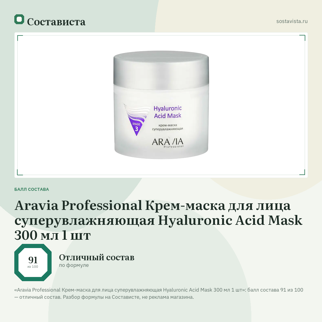 Aravia Professional Крем-маска для лица суперувлажняющая Hyaluronic Acid Mask 300 мл 1 шт: балл состава 91 из 100 — Состависта