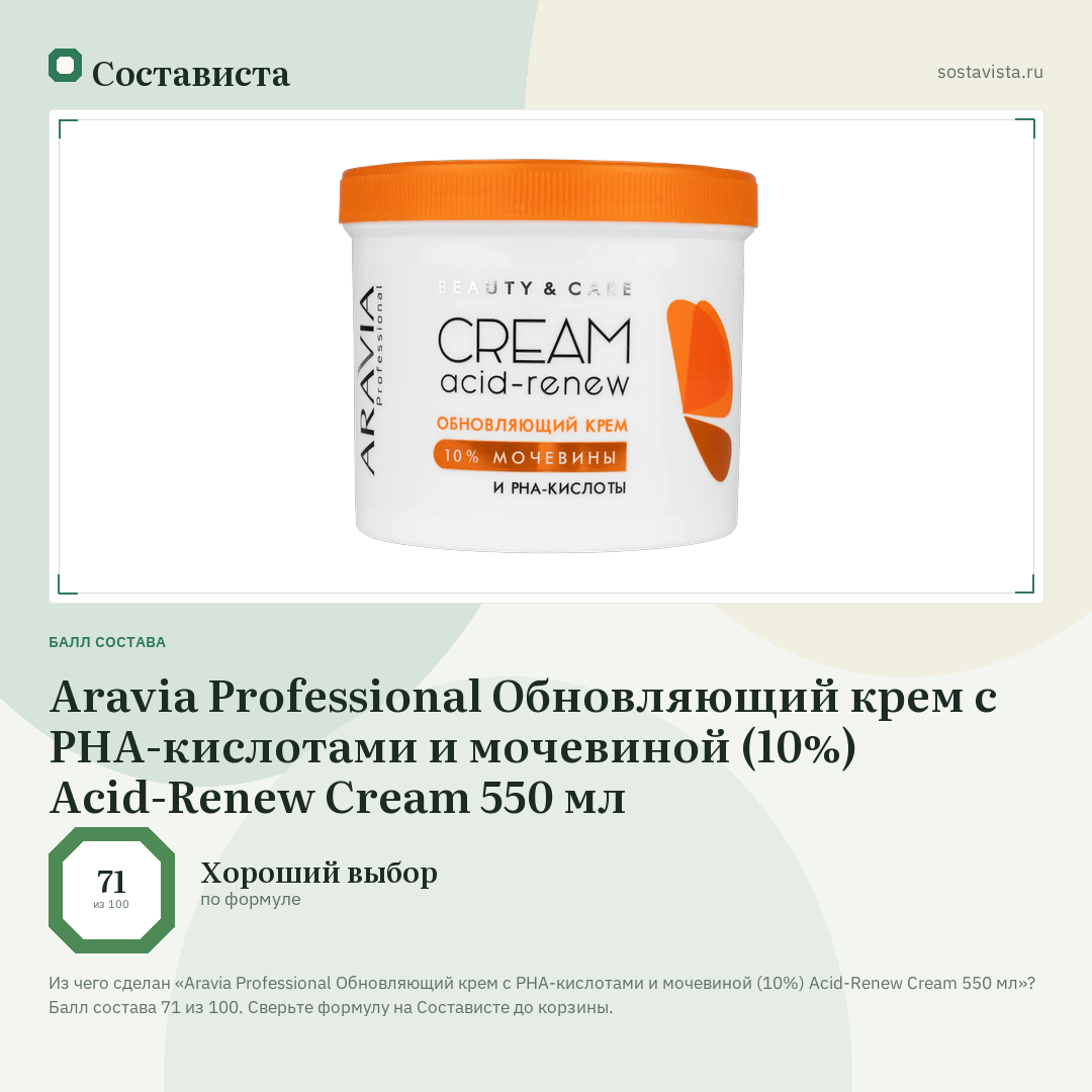 Aravia Professional Обновляющий крем с PHA-кислотами и мочевиной (10%) Acid-Renew Cream 550 мл: балл состава 71 из 100 — Состависта