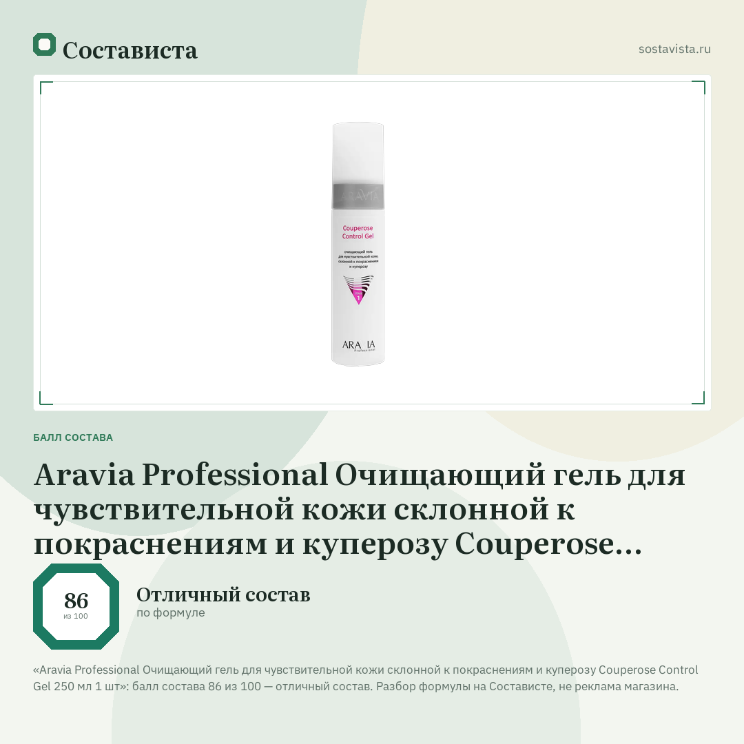 Aravia Professional Очищающий гель для чувствительной кожи склонной к покраснениям и куперозу Couperose Control Gel 250 мл 1 шт: балл состава 86 из 100 — Состависта