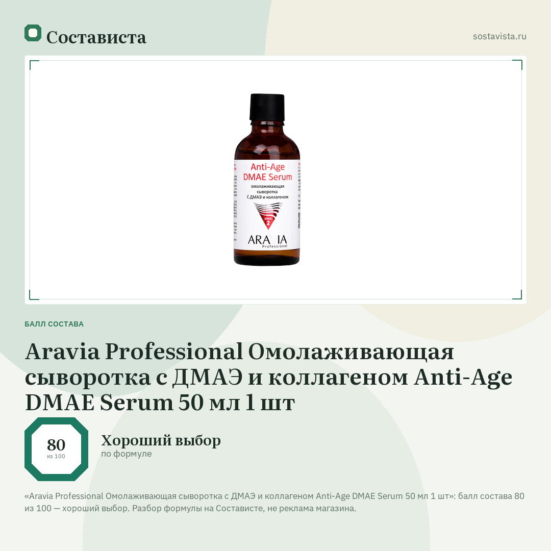 Aravia Professional Омолаживающая сыворотка с ДМАЭ и коллагеном Anti-Age DMAE Serum 50 мл 1 шт: балл состава 80 из 100 — Состависта