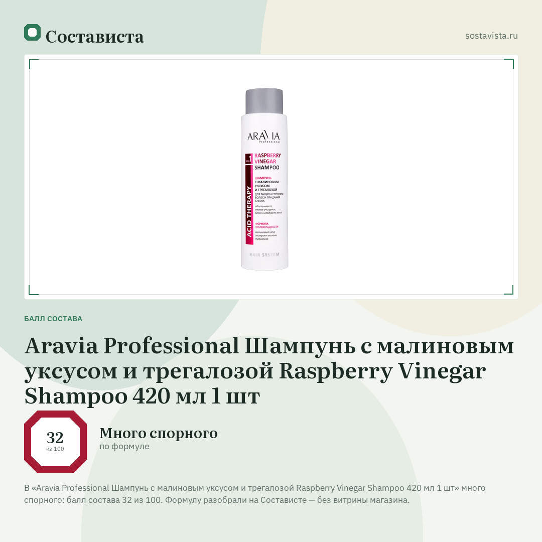 Aravia Professional Шампунь c малиновым уксусом и трегалозой Raspberry Vinegar Shampoo 420 мл 1 шт: балл состава 32 из 100 — Состависта
