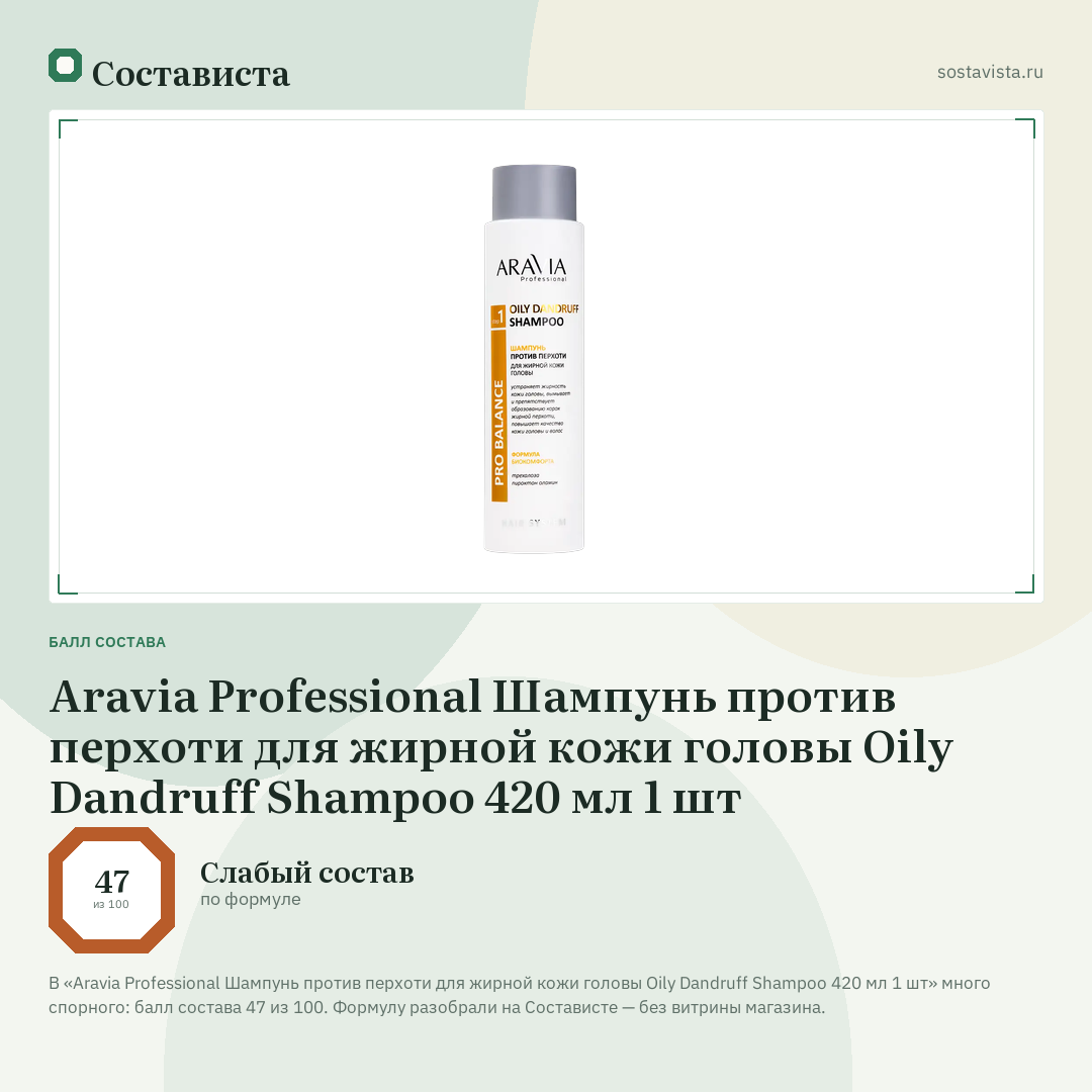 Aravia Professional Шампунь против перхоти для жирной кожи головы Oily Dandruff Shampoo 420 мл 1 шт: балл состава 47 из 100 — Состависта