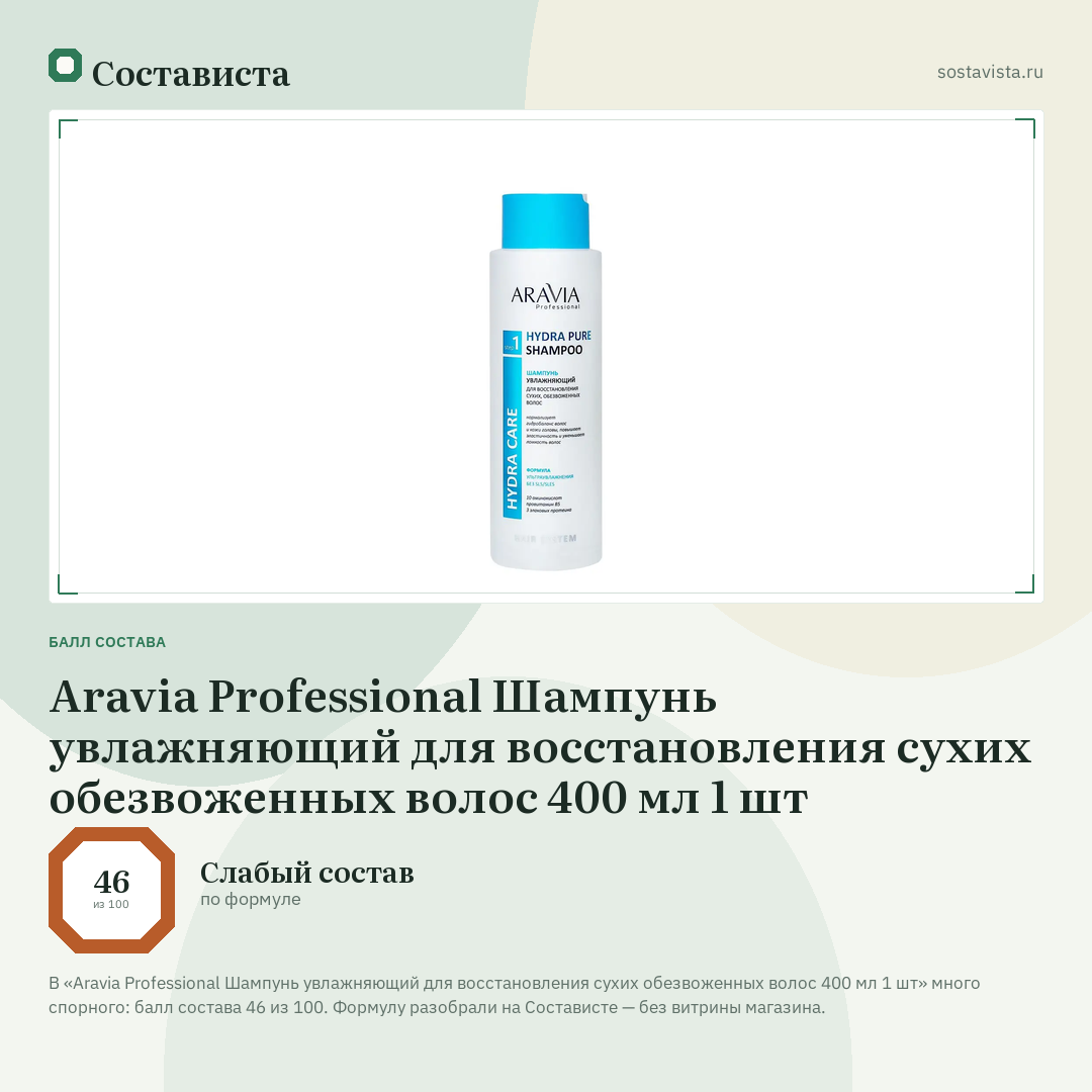 Aravia Professional Шампунь увлажняющий для восстановления сухих обезвоженных волос 400 мл 1 шт: балл состава 46 из 100 — Состависта