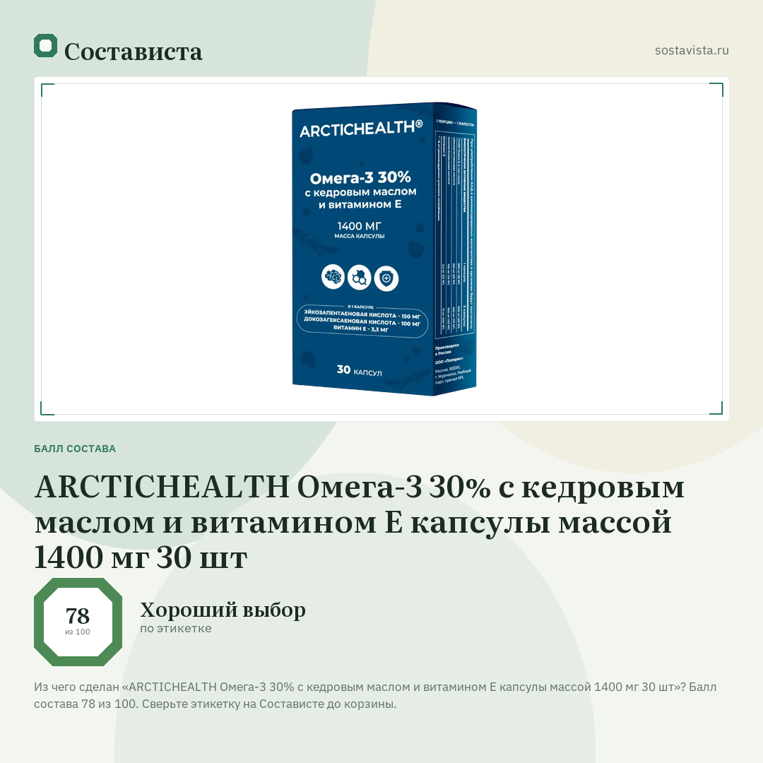 ARCTICHEALTH Омега-3 30% с кедровым маслом и витамином Е капсулы массой 1400 мг 30 шт: балл состава 78 из 100 — Состависта