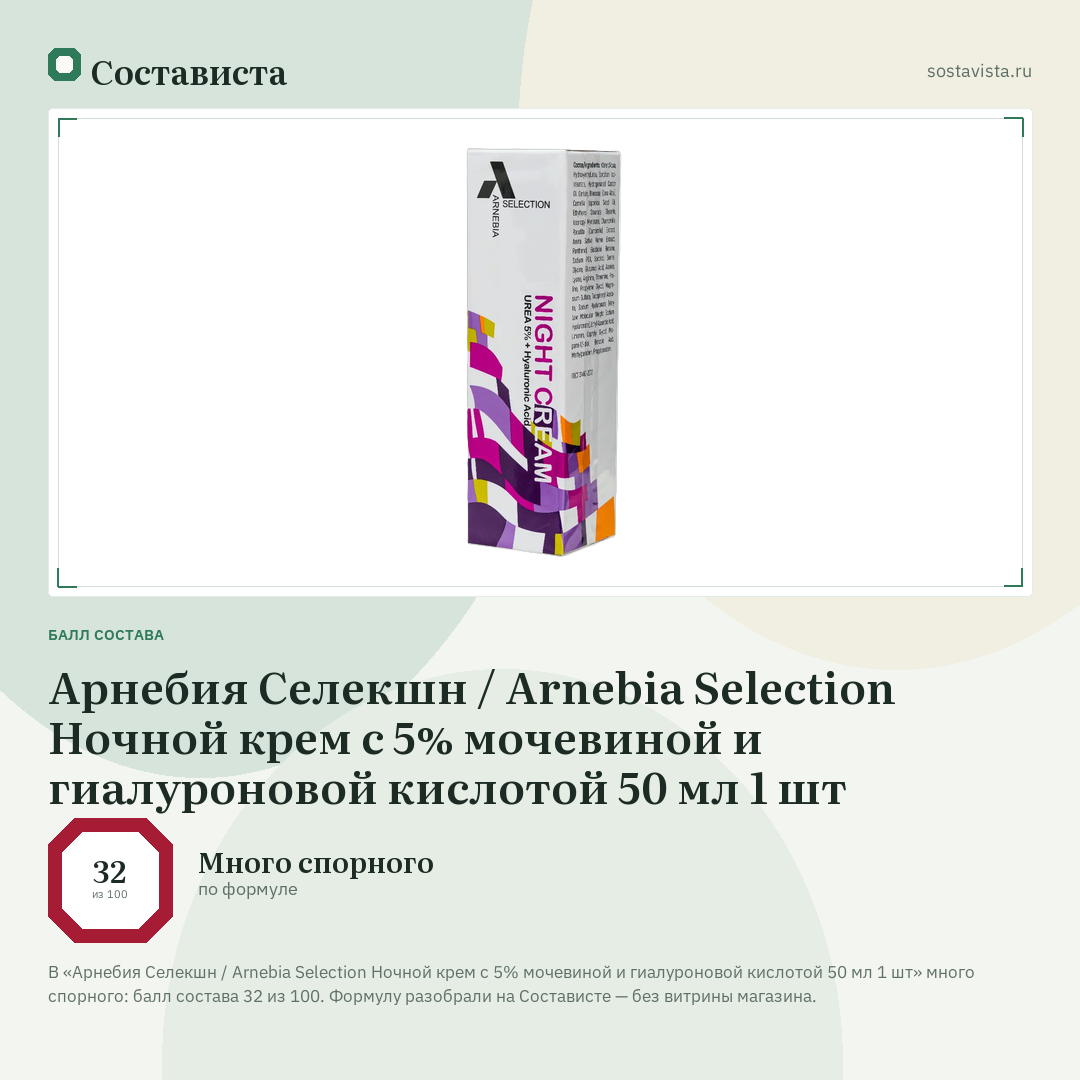 Арнебия Селекшн / Arnebia Selection Ночной крем с 5% мочевиной и гиалуроновой кислотой 50 мл 1 шт: балл состава 32 из 100 — Состависта
