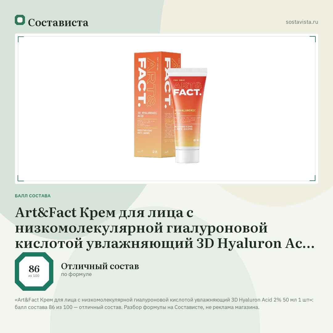 Art&Fact Крем для лица с низкомолекулярной гиалуроновой кислотой увлажняющий 3D Hyaluron Acid 2% 50 мл 1 шт: балл состава 86 из 100 — Состависта