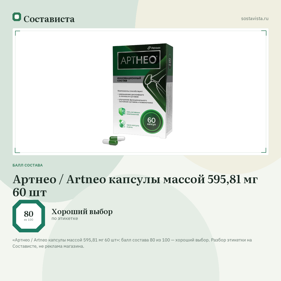 Артнео / Artneo капсулы массой 595,81 мг 60 шт: балл состава 80 из 100 — Состависта