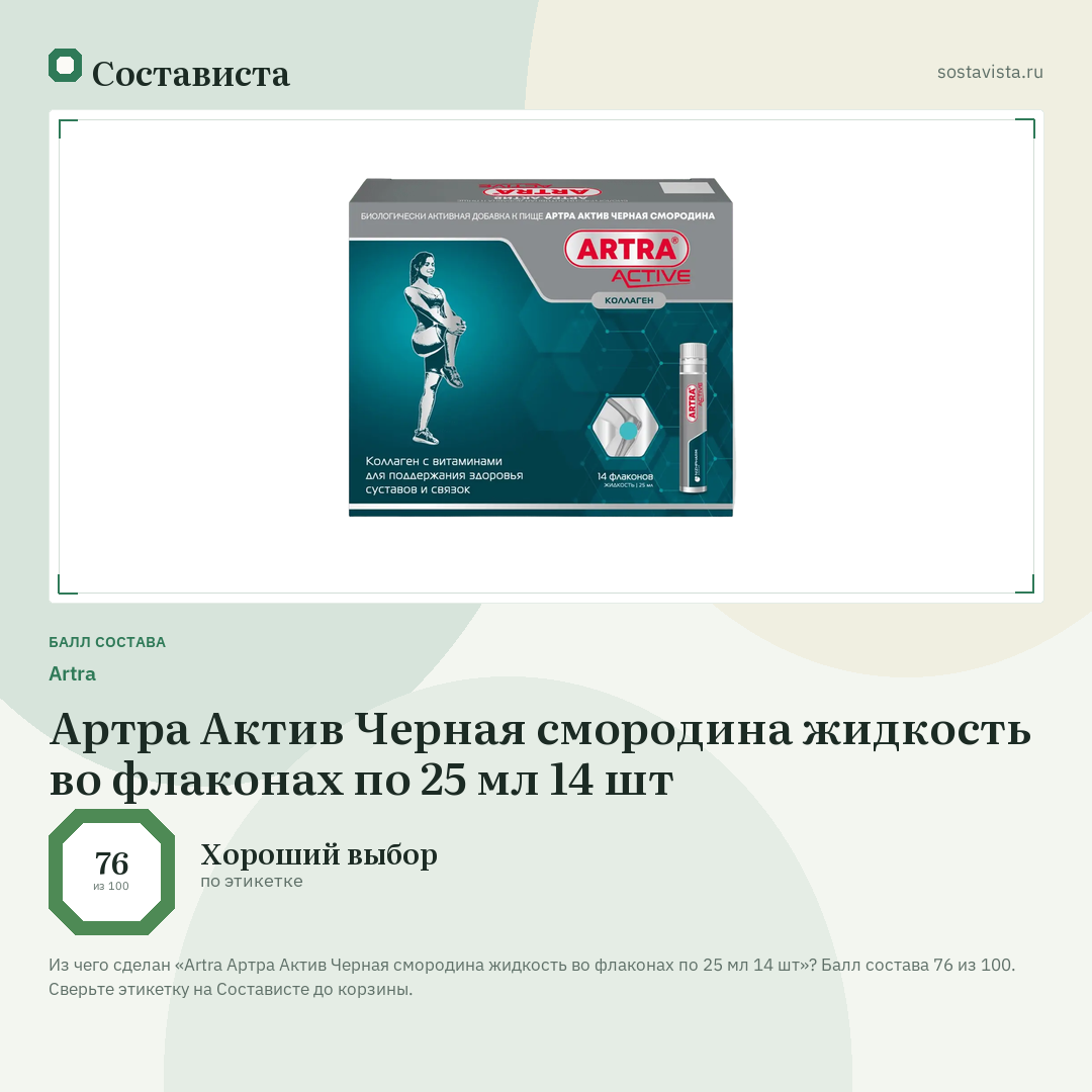 Artra Артра Актив Черная смородина жидкость во флаконах по 25 мл 14 шт: балл состава 76 из 100 — Состависта