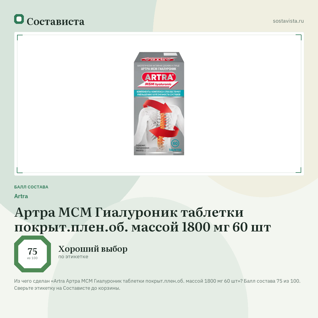 Artra Артра МСМ Гиалуроник таблетки покрыт.плен.об. массой 1800 мг 60 шт: балл состава 75 из 100 — Состависта