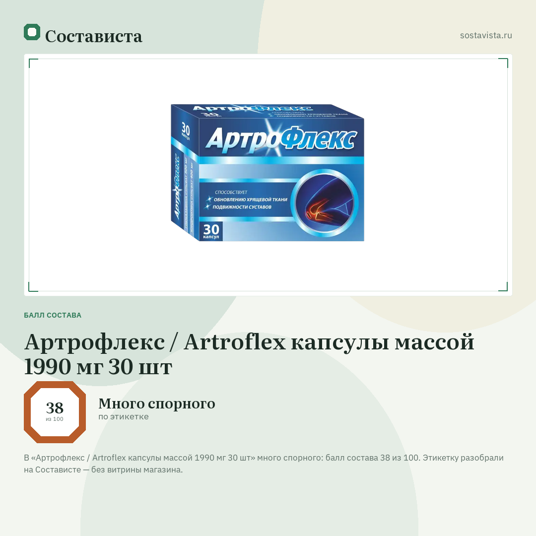Артрофлекс / Artroflex капсулы массой 1990 мг 30 шт: балл состава 38 из 100 — Состависта