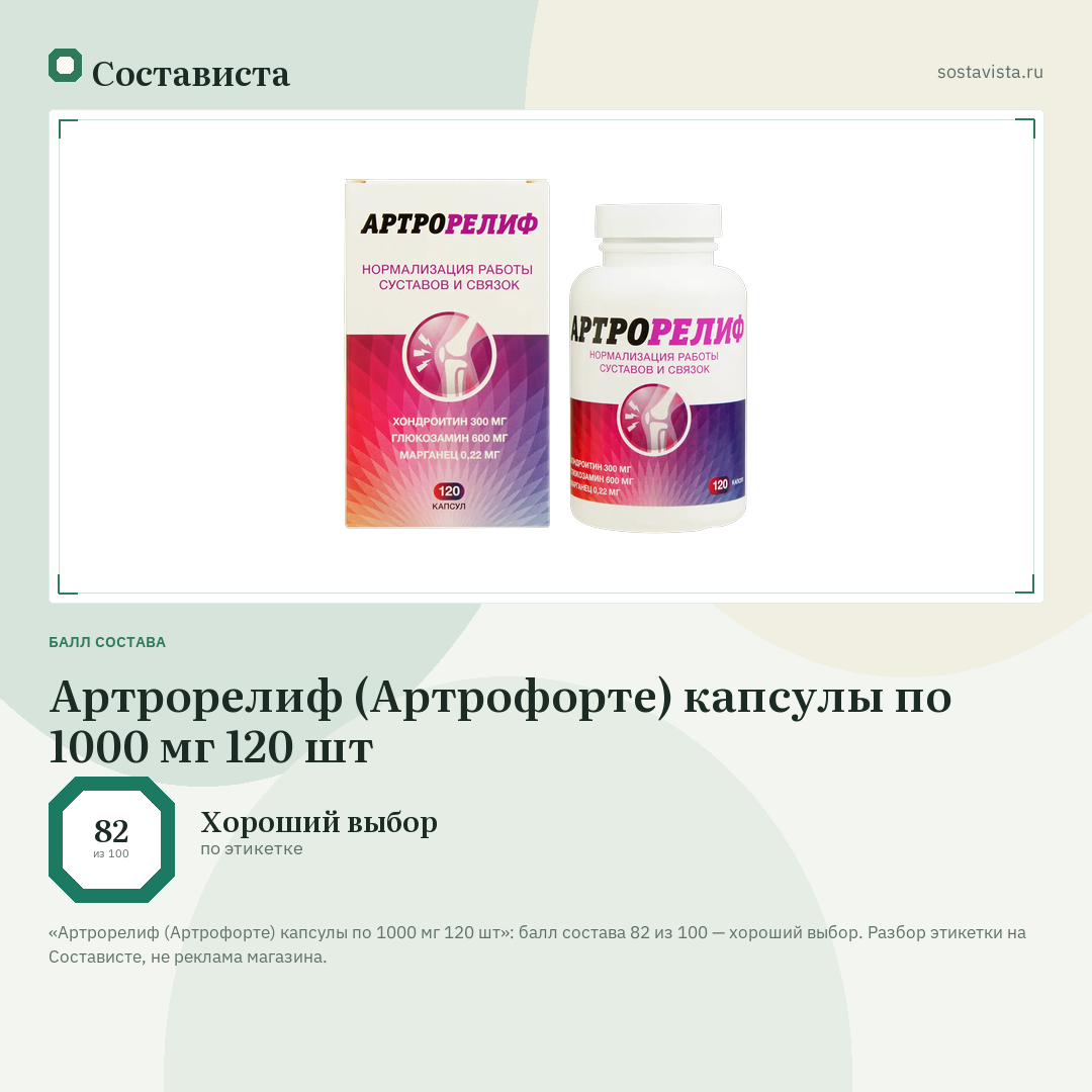 Артрорелиф (Артрофорте) капсулы по 1000 мг 120 шт: балл состава 82 из 100 — Состависта