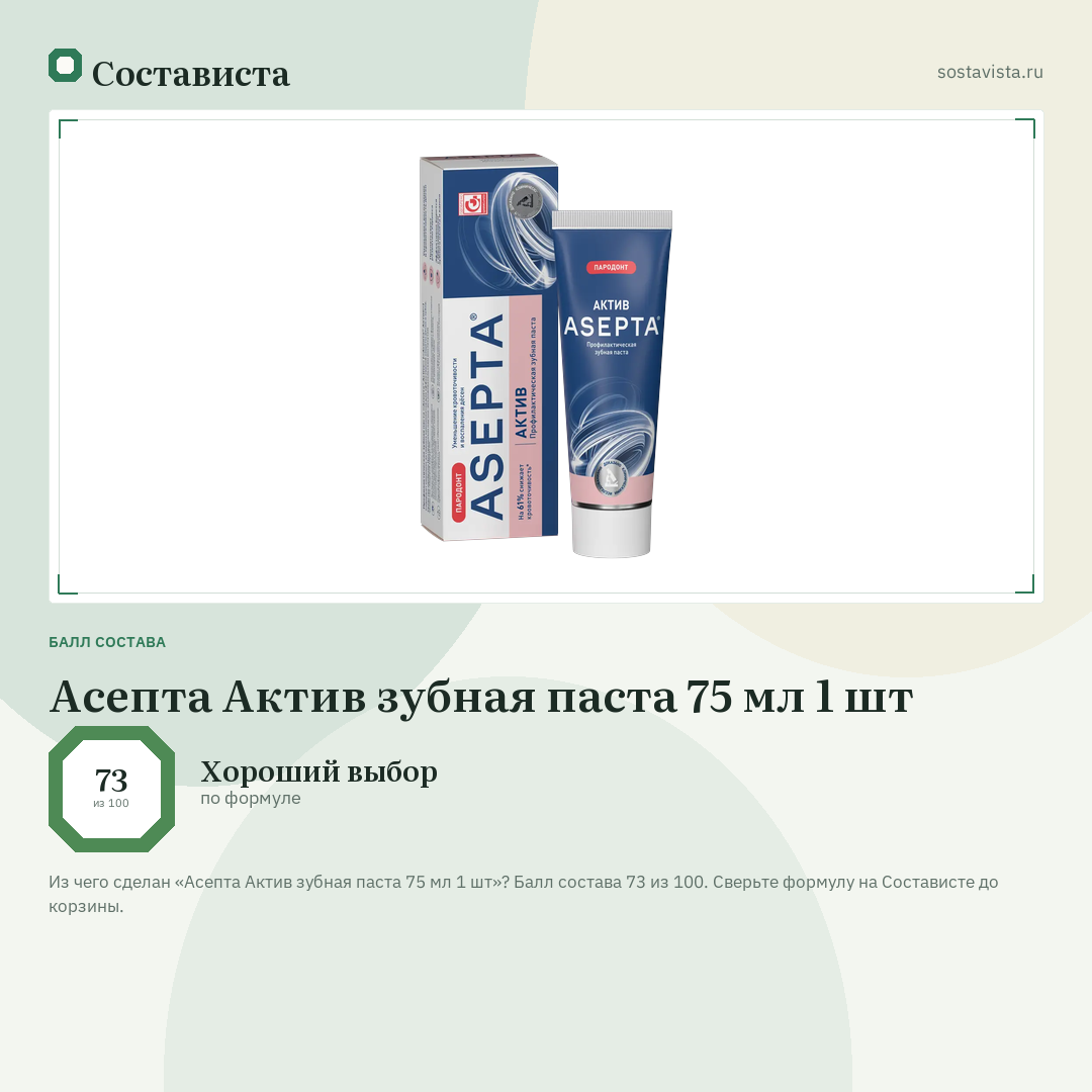 Асепта Актив зубная паста 75 мл 1 шт: балл состава 73 из 100 — Состависта