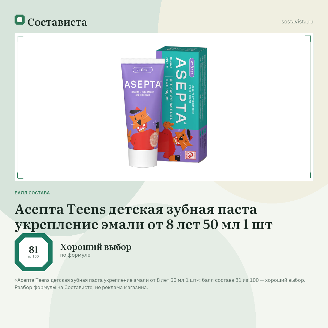 Асепта Teens детская зубная паста укрепление эмали от 8 лет 50 мл 1 шт: балл состава 81 из 100 — Состависта