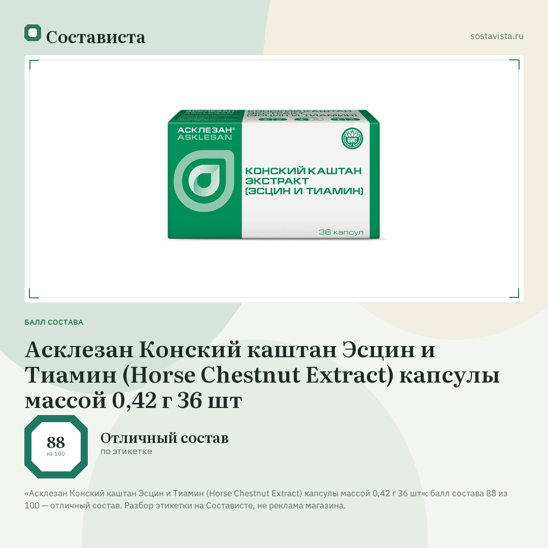 Асклезан Конский каштан Эсцин и Тиамин (Horse Chestnut Extract) капсулы массой 0,42 г 36 шт: балл состава 88 из 100 — Состависта