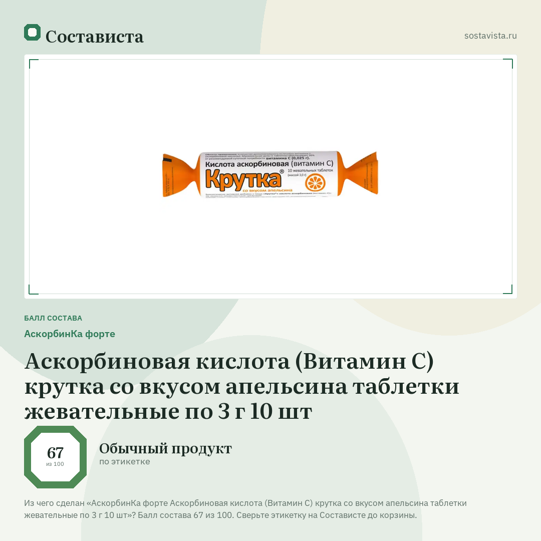 АскорбинКа форте Аскорбиновая кислота (Витамин С) крутка со вкусом апельсина таблетки жевательные по 3 г 10 шт: балл состава 67 из 100 — Состависта