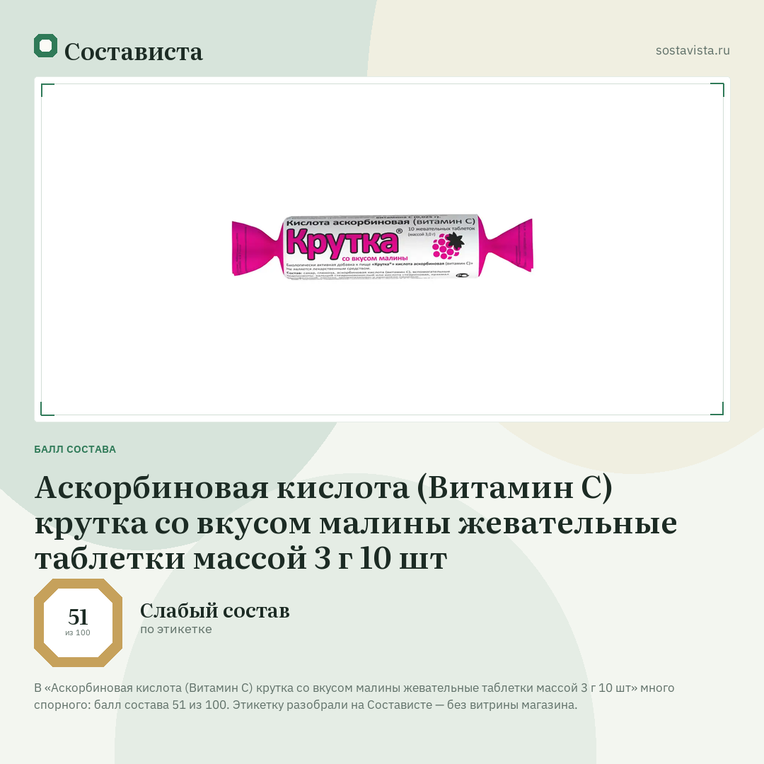 Аскорбиновая кислота (Витамин С) крутка со вкусом малины жевательные таблетки массой 3 г 10 шт: балл состава 51 из 100 — Состависта