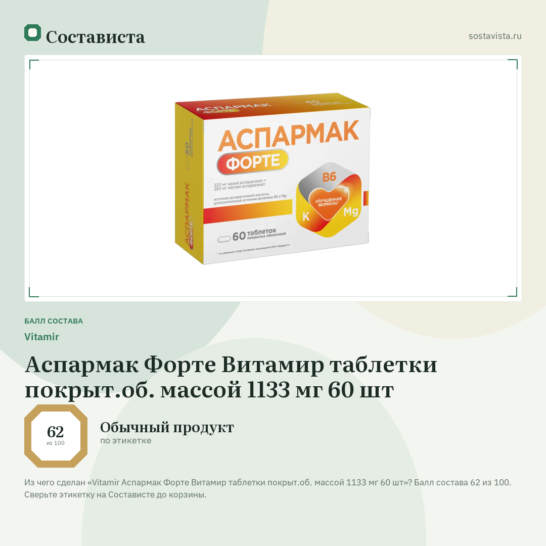 Vitamir Аспармак Форте Витамир таблетки покрыт.об. массой 1133 мг 60 шт: балл состава 62 из 100 — Состависта