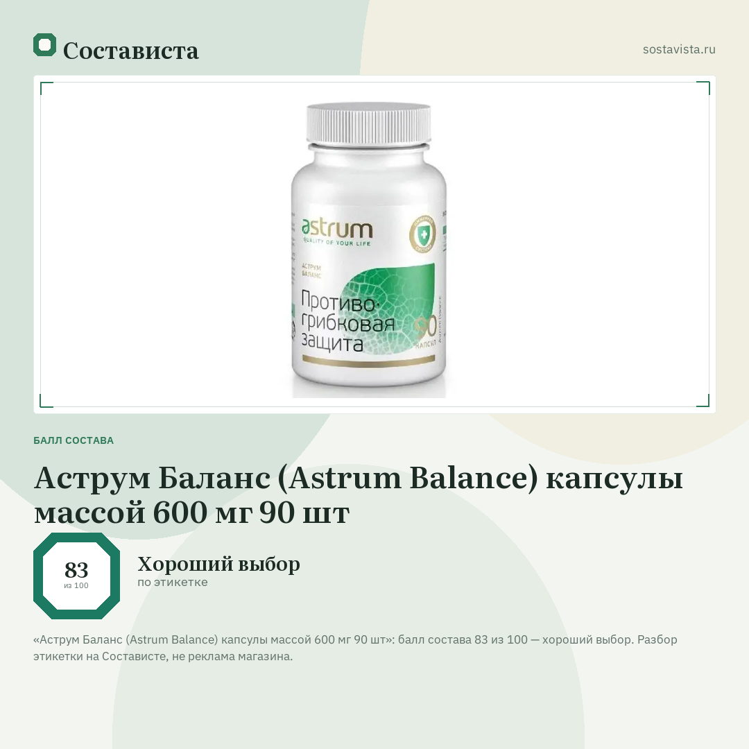 Аструм Баланс (Astrum Balance) капсулы массой 600 мг 90 шт: балл состава 83 из 100 — Состависта