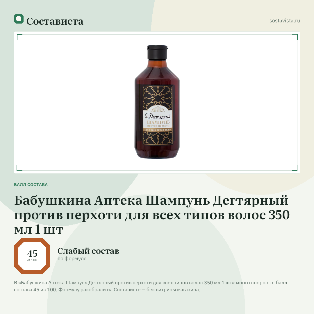 Бабушкина Аптека Шампунь Дегтярный против перхоти для всех типов волос 350 мл 1 шт: балл состава 45 из 100 — Состависта