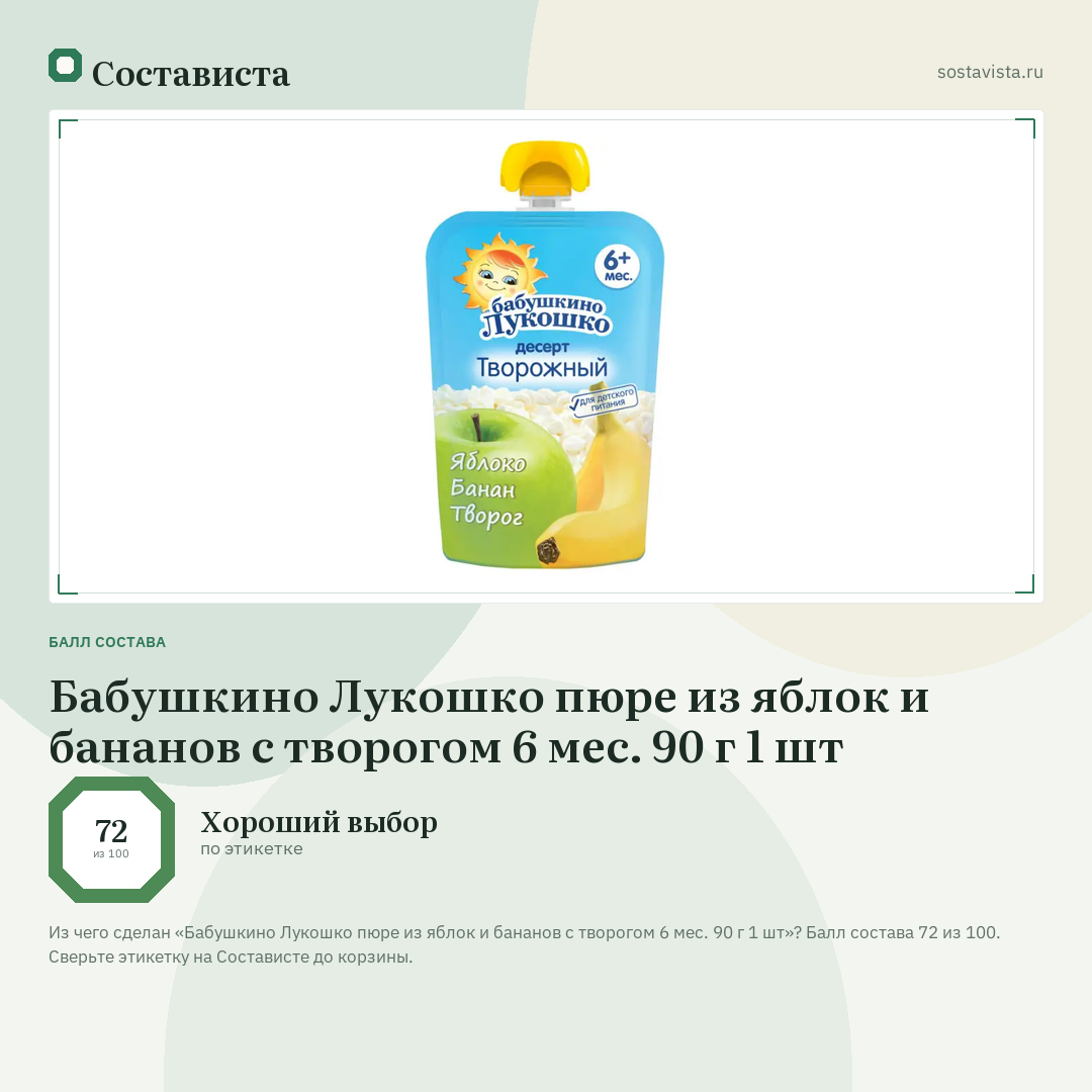 Бабушкино Лукошко пюре из яблок и бананов с творогом 6 мес. 90 г 1 шт: балл состава 72 из 100 — Состависта