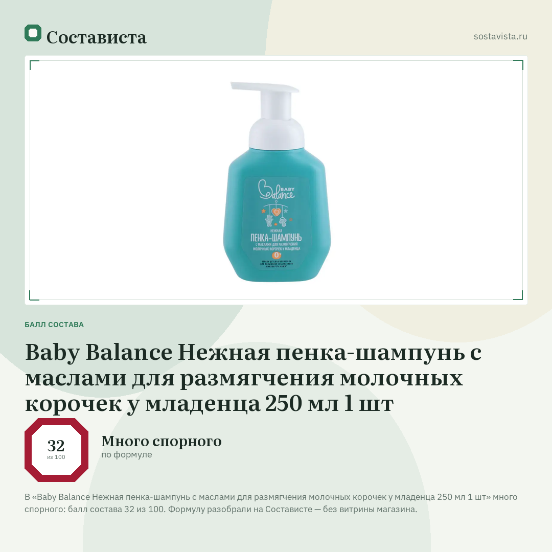 Baby Balance Нежная пенка-шампунь с маслами для размягчения молочных корочек у младенца 250 мл 1 шт: балл состава 32 из 100 — Состависта