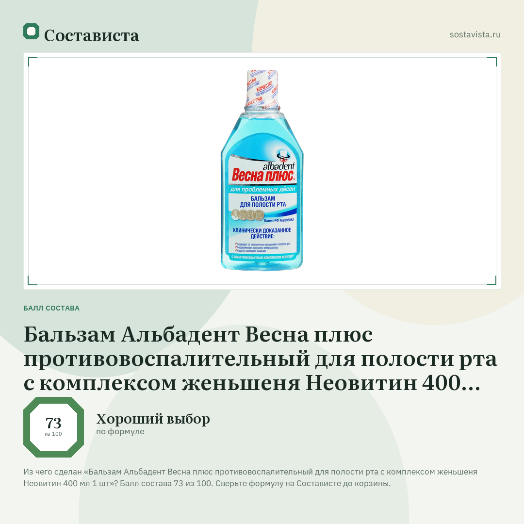 Бальзам Альбадент Весна плюс противовоспалительный для полости рта с комплексом женьшеня Неовитин 400 мл 1 шт: балл состава 73 из 100 — Состависта