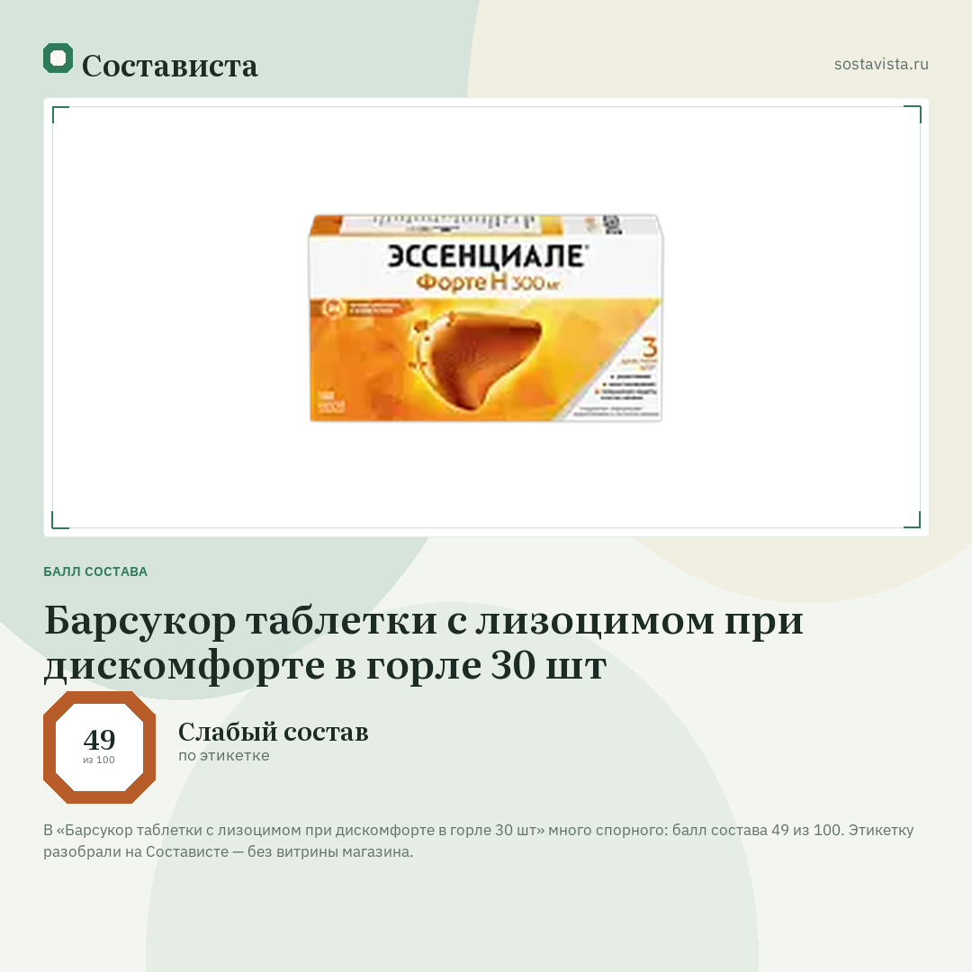 Барсукор таблетки с лизоцимом при дискомфорте в горле 30 шт: балл состава 49 из 100 — Состависта