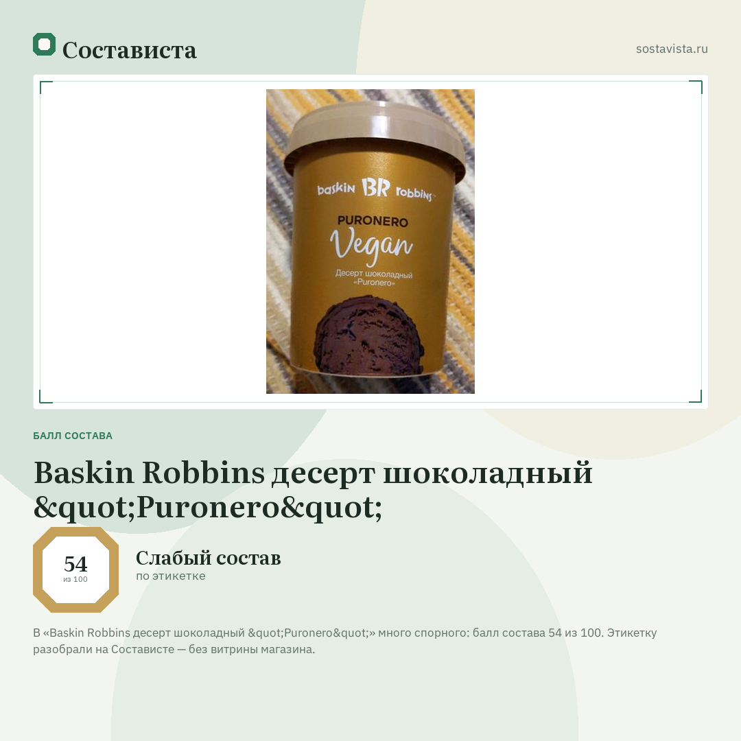 Baskin Robbins десерт шоколадный "Puronero": балл состава 54 из 100 — Состависта
