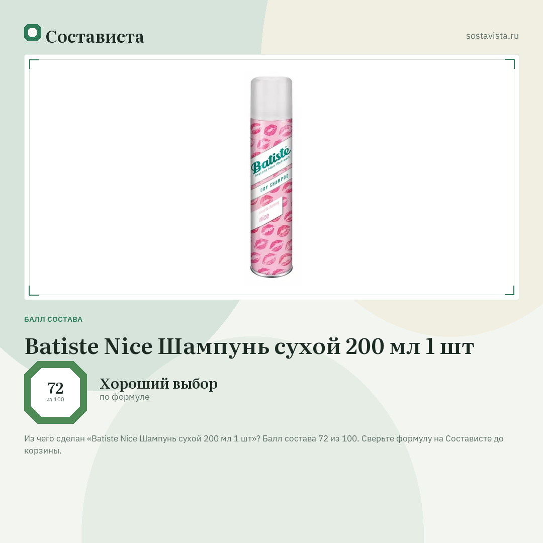 Batiste Nice Шампунь сухой 200 мл 1 шт: балл состава 72 из 100 — Состависта
