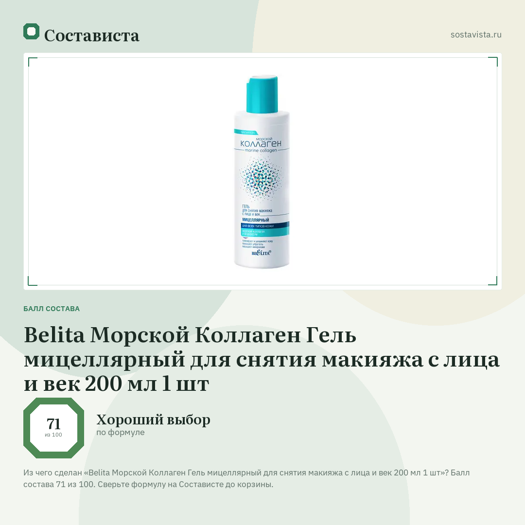 Belita Морской Коллаген Гель мицеллярный для снятия макияжа с лица и век 200 мл 1 шт: балл состава 71 из 100 — Состависта