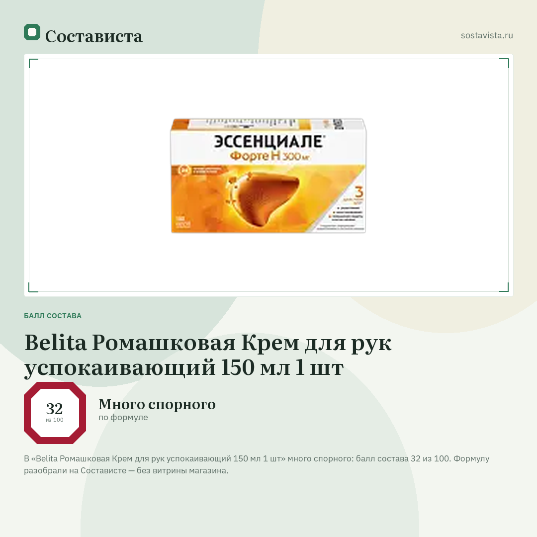 Belita Ромашковая Крем для рук успокаивающий 150 мл 1 шт: балл состава 32 из 100 — Состависта