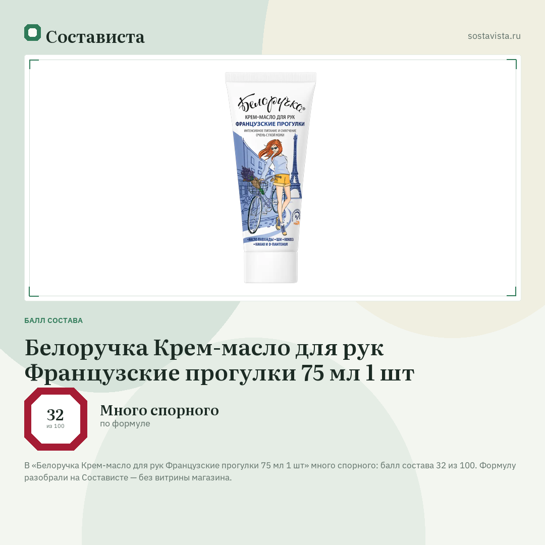 Белоручка Крем-масло для рук Французские прогулки 75 мл 1 шт: балл состава 32 из 100 — Состависта