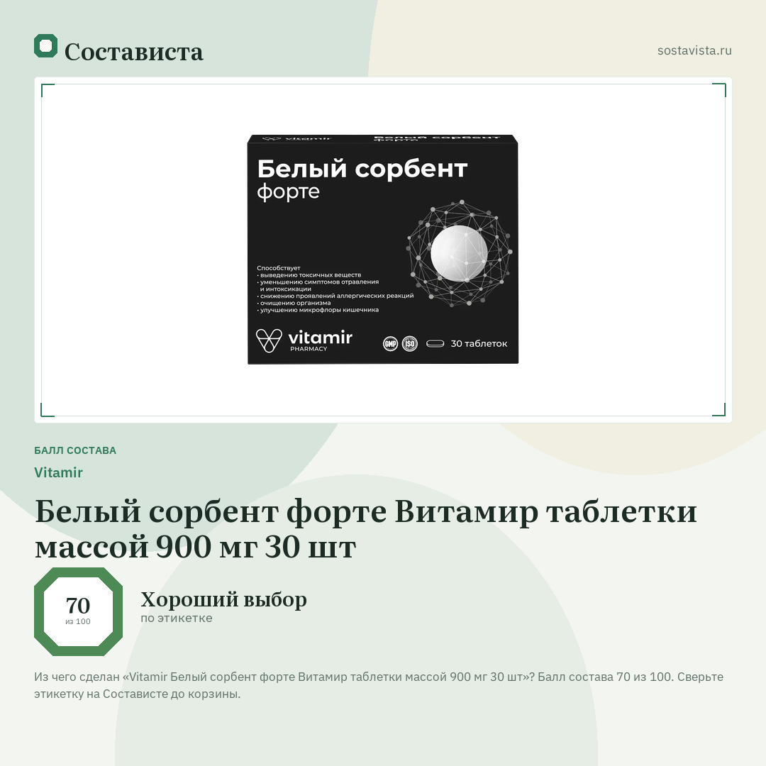Vitamir Белый сорбент форте Витамир таблетки массой 900 мг 30 шт: балл состава 70 из 100 — Состависта