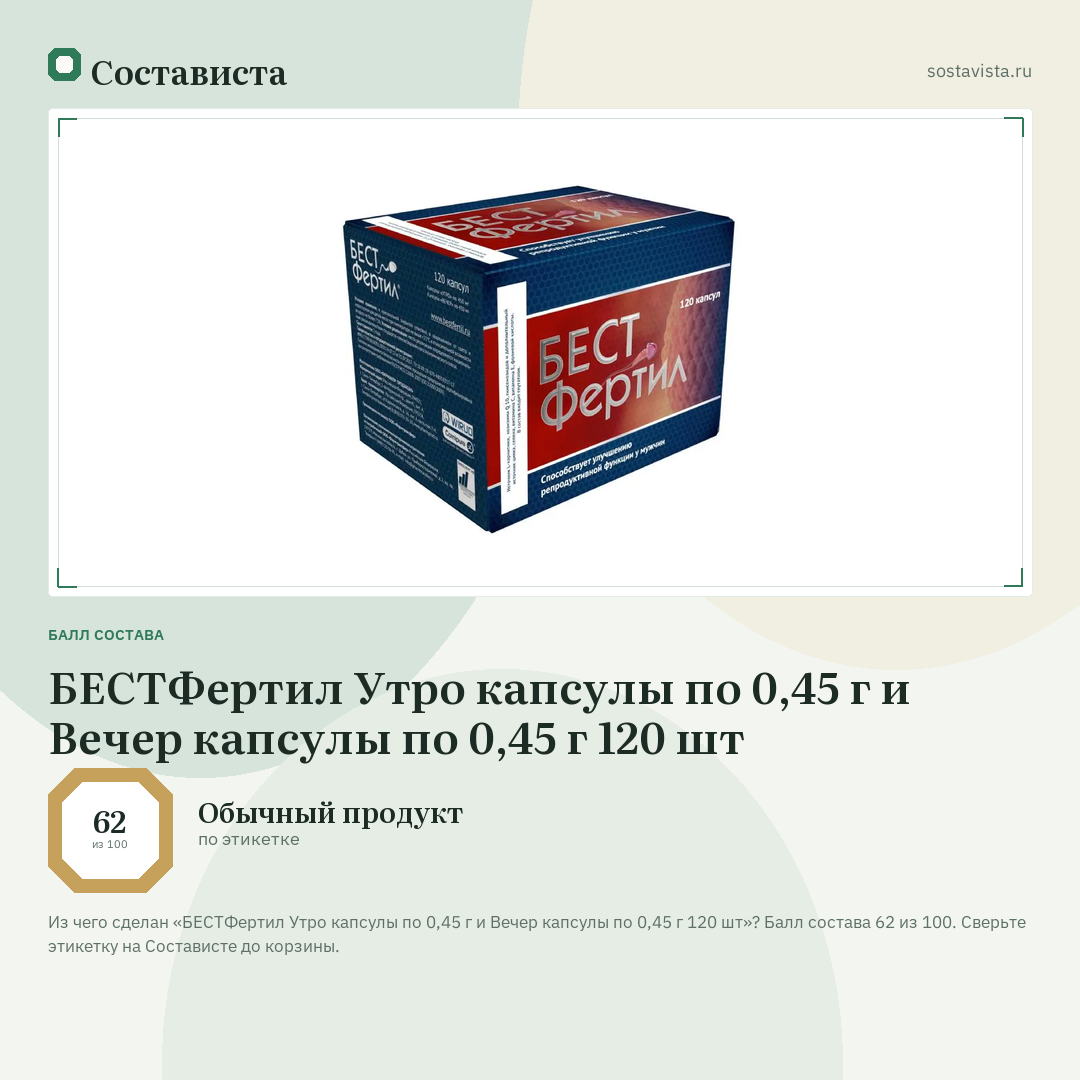БЕСТФертил Утро капсулы по 0,45 г и Вечер капсулы по 0,45 г 120 шт: балл состава 62 из 100 — Состависта