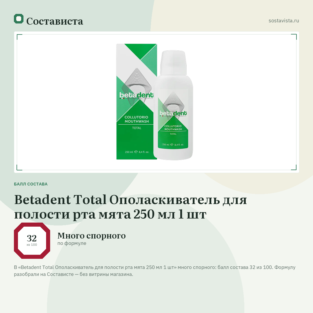 Betadent Total Ополаскиватель для полости рта мята 250 мл 1 шт: балл состава 32 из 100 — Состависта