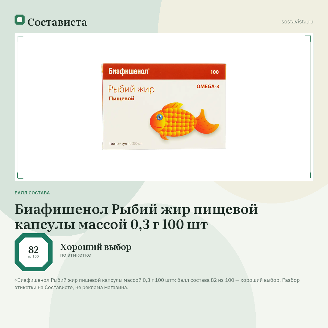 Биафишенол Рыбий жир пищевой капсулы массой 0,3 г 100 шт: балл состава 82 из 100 — Состависта