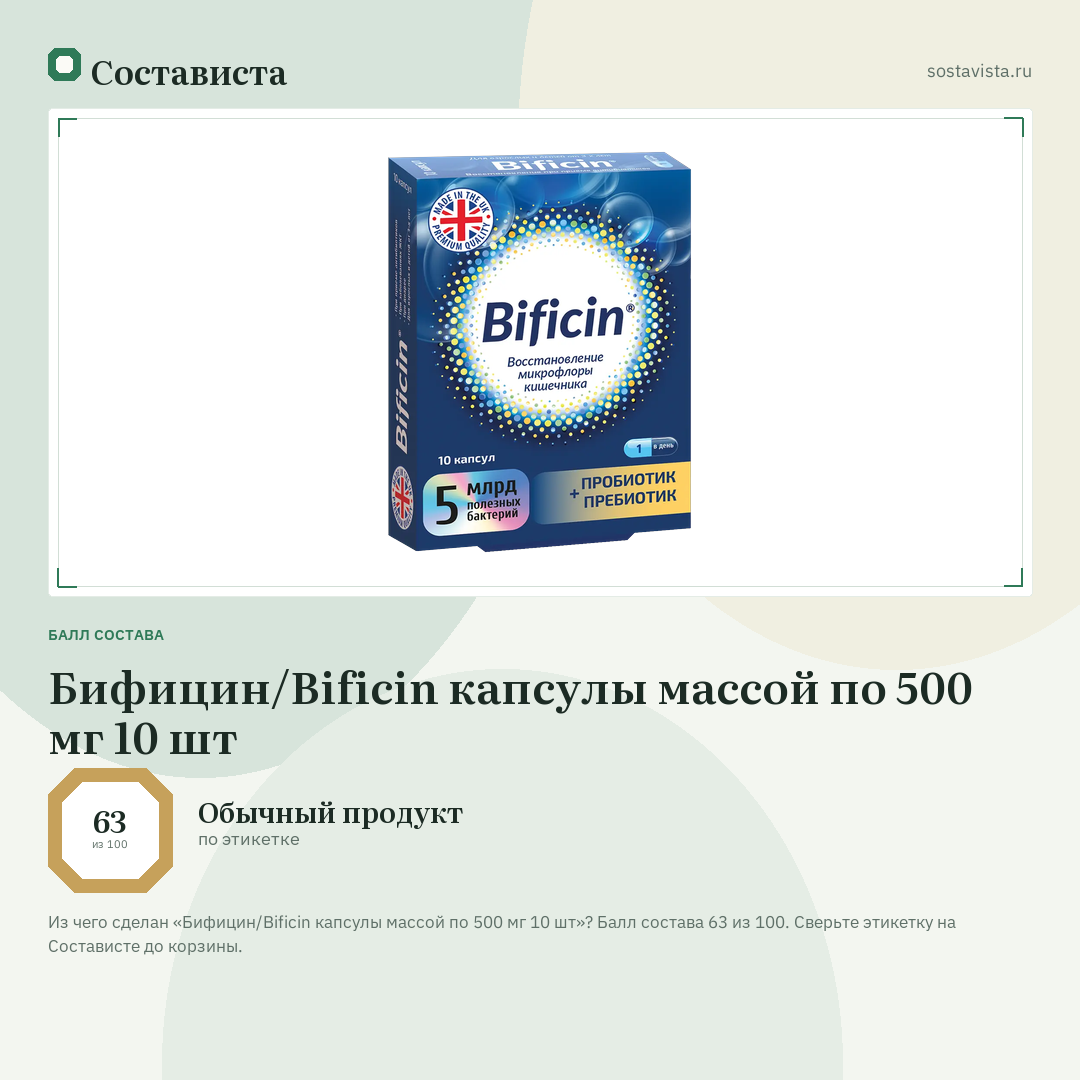 Бифицин/Bificin капсулы массой по 500 мг 10 шт: балл состава 63 из 100 — Состависта