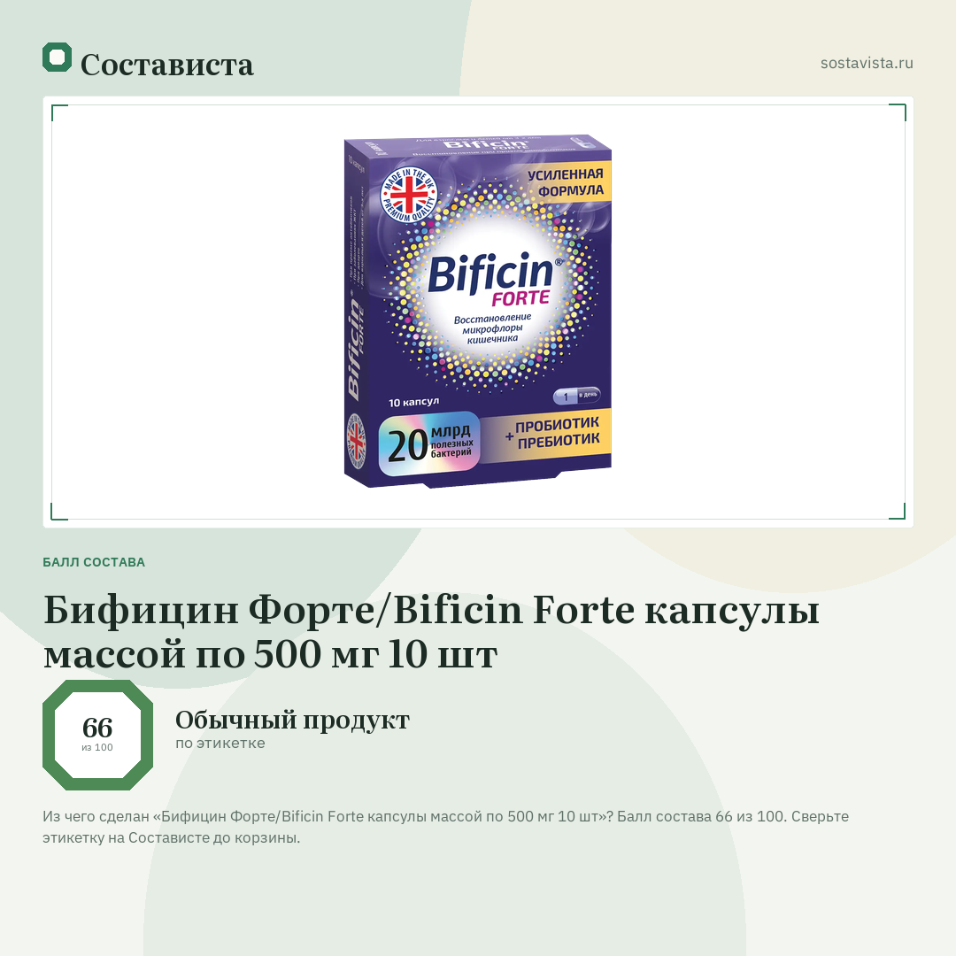 Бифицин Форте/Bificin Forte капсулы массой по 500 мг 10 шт: балл состава 66 из 100 — Состависта