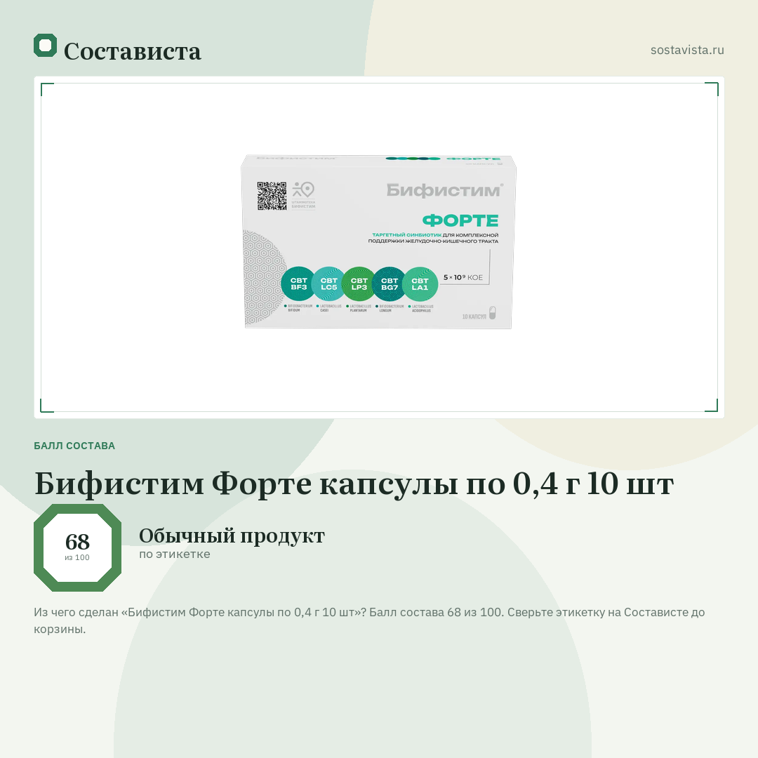 Бифистим Форте капсулы по 0,4 г 10 шт: балл состава 68 из 100 — Состависта