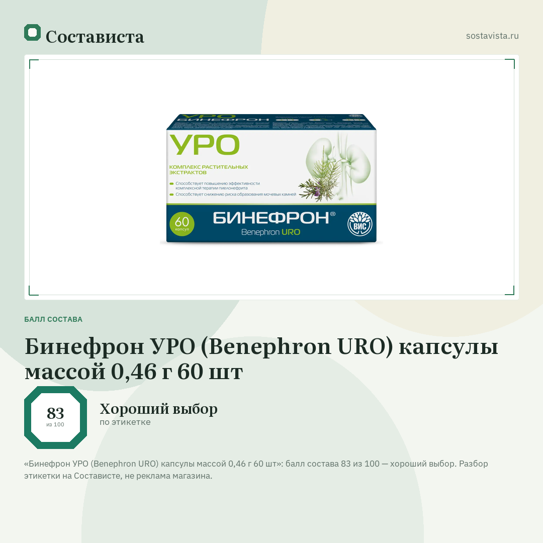 Бинефрон УРО (Benephron URO) капсулы массой 0,46 г 60 шт: балл состава 83 из 100 — Состависта
