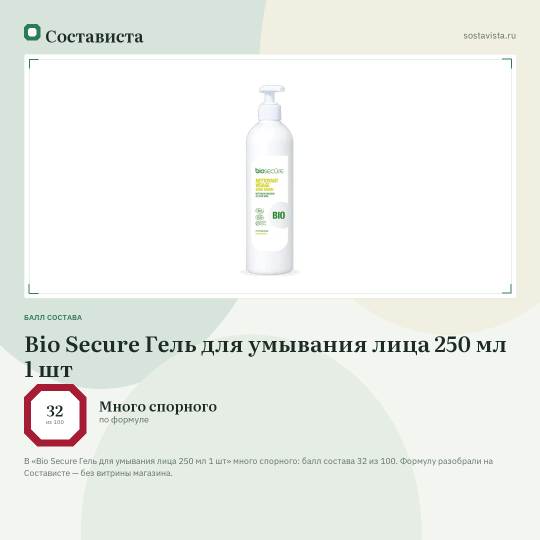 Bio Secure Гель для умывания лица 250 мл 1 шт: балл состава 32 из 100 — Состависта