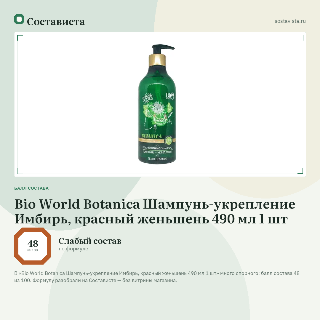 Bio World Botanica Шампунь-укрепление Имбирь, красный женьшень 490 мл 1 шт: балл состава 48 из 100 — Состависта