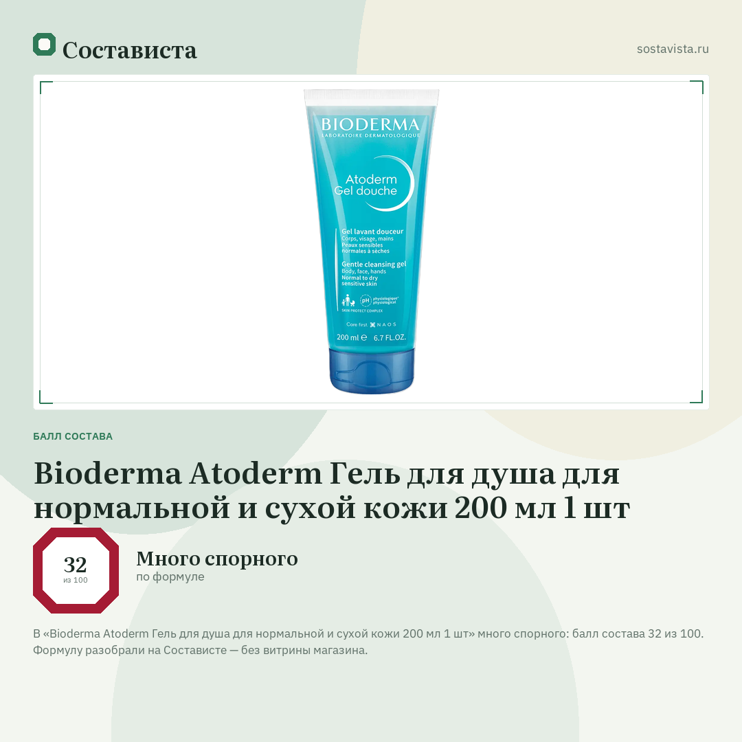 Bioderma Atoderm Гель для душа для нормальной и сухой кожи 200 мл 1 шт: балл состава 32 из 100 — Состависта