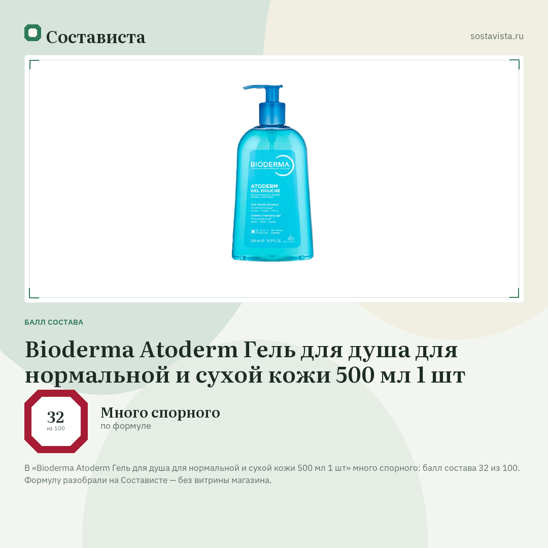 Bioderma Atoderm Гель для душа для нормальной и сухой кожи 500 мл 1 шт: балл состава 32 из 100 — Состависта