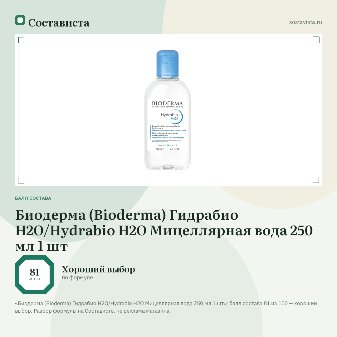 Биодерма (Bioderma) Гидрабио H2O/Hydrabio H2O Мицеллярная вода 250 мл 1 шт: балл состава 81 из 100 — Состависта