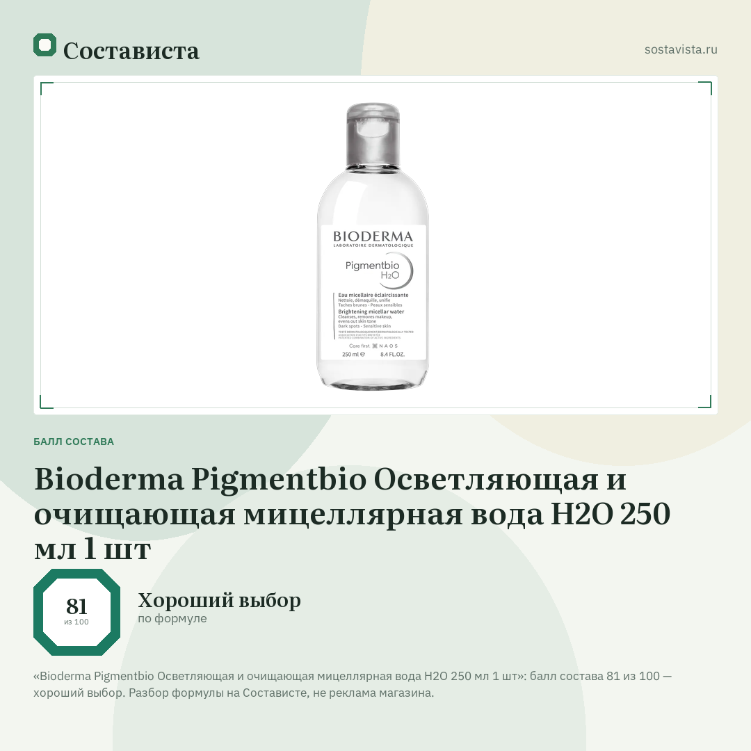 Bioderma Pigmentbio Осветляющая и очищающая мицеллярная вода Н2О 250 мл 1 шт: балл состава 81 из 100 — Состависта