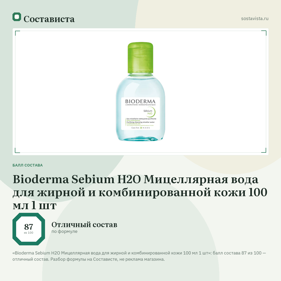 Bioderma Sebium H2O Мицеллярная вода для жирной и комбинированной кожи 100 мл 1 шт: балл состава 87 из 100 — Состависта