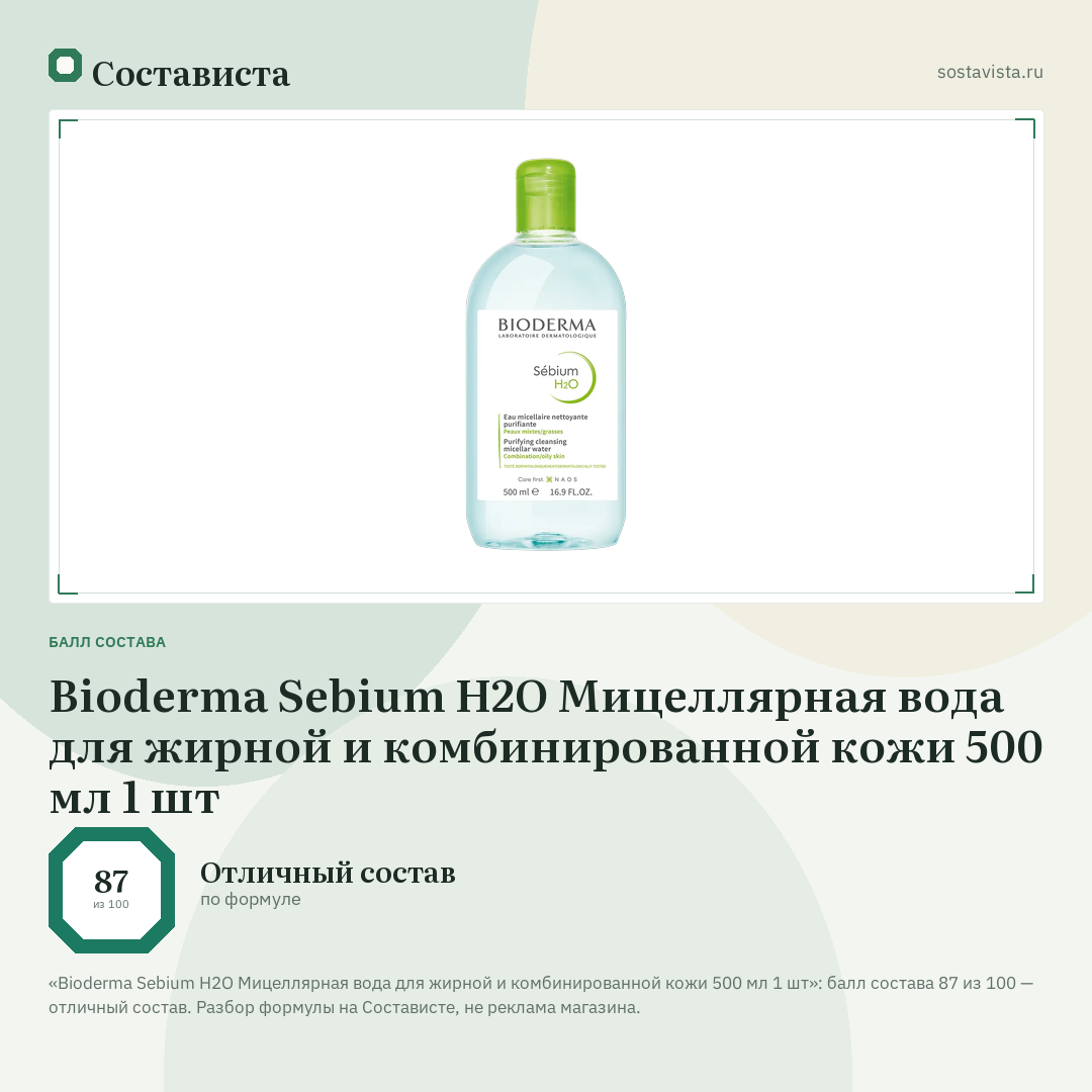 Bioderma Sebium H2O Мицеллярная вода для жирной и комбинированной кожи 500 мл 1 шт: балл состава 87 из 100 — Состависта