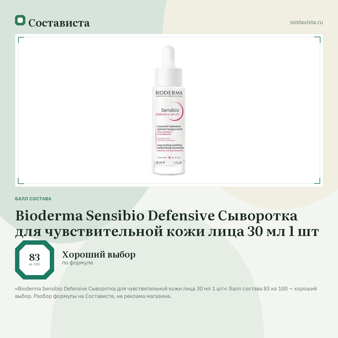 Bioderma Sensibio Defensive Сыворотка для чувствительной кожи лица 30 мл 1 шт: балл состава 83 из 100 — Состависта